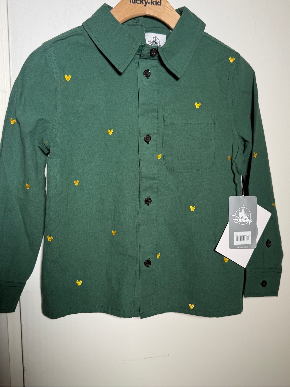 Disney Boys' Adaptive Green Button-Up Shirt with Yellow Mickey Embroidery S -NWT
